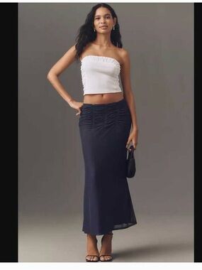 Anthropologie Navy Ruched Maxi Skirt